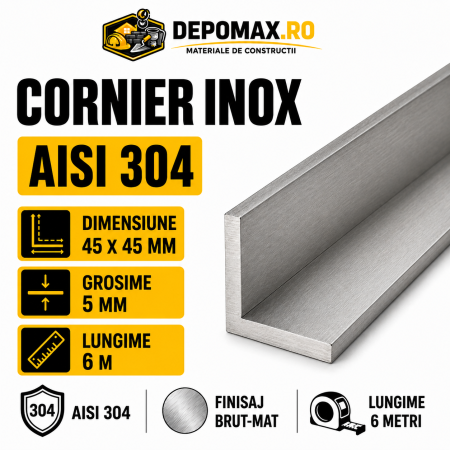 Cornier inox AISI 304, 45 x 45 x 5 mm, 6 metri